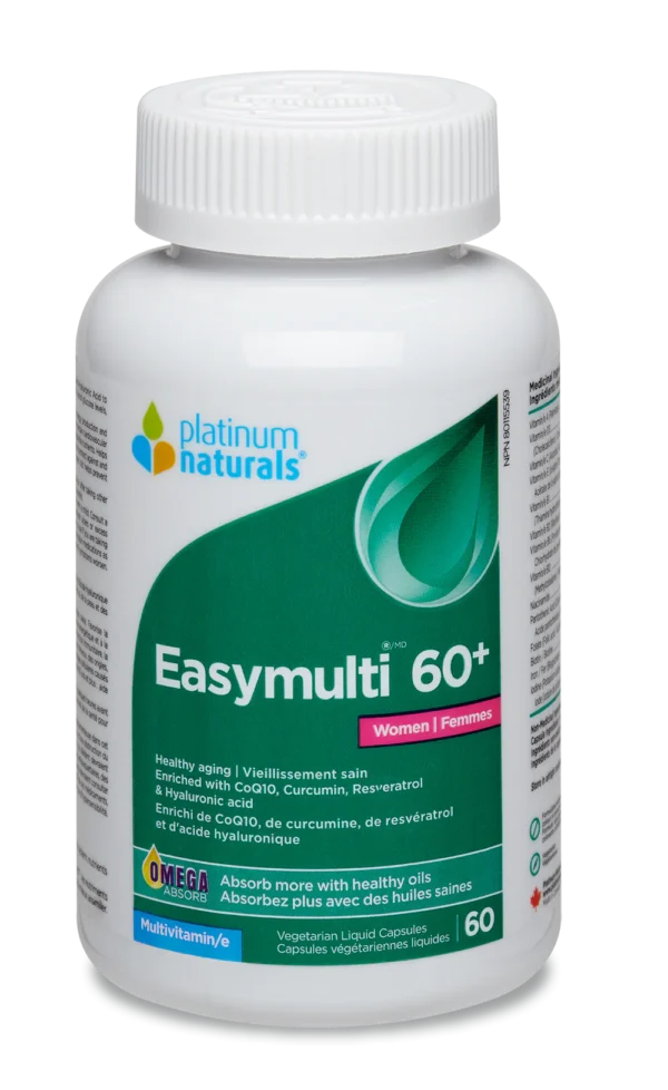 Platinum Naturals - Easymulti 60+ for Women - With 100 mg of CoQ10, 80 mg of Curcumin and 20 mg of Hyaluronic Acid + Iodine, Iron, and Borage Seed Oil (120 Caps)