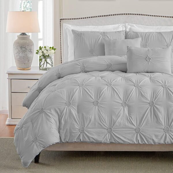 Swift Home Bedding Comforter Sets, Lightweight  and Luxury3-Piece Ruched 3D Floral Pintuck Comforter Sets, Machine Washable - Gray, King/ Cal King