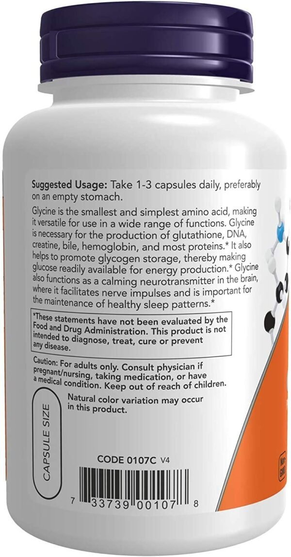 NOW Glycine 1000mg 100vcap 100 count - Image 4